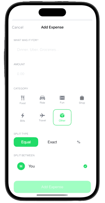 Breezy Add Expense screen for logging shared costs