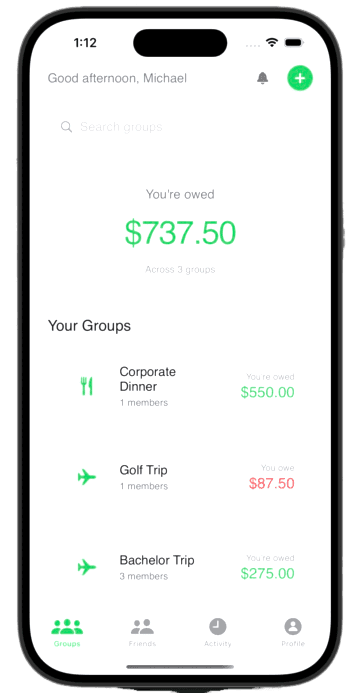 Breezy Groups screen showing shared expense groups