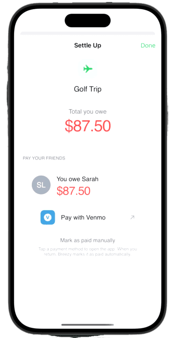 Breezy Settle Up screen with payment options