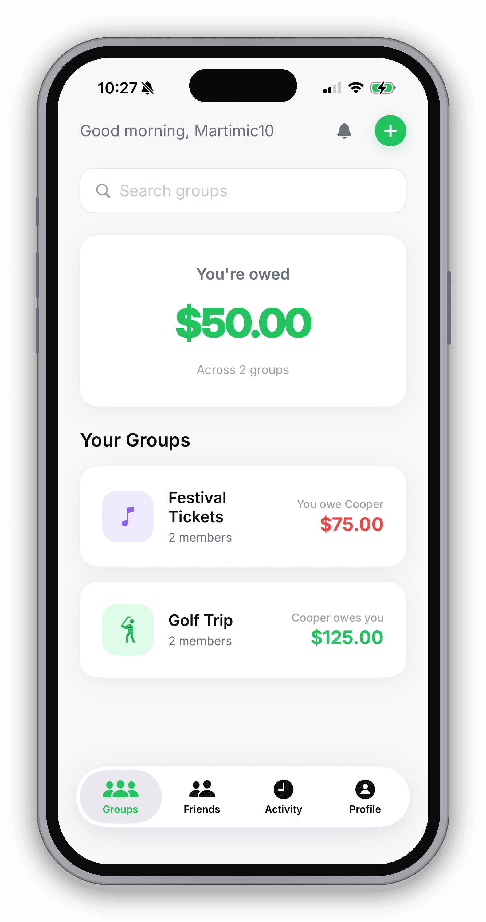 Breezy app on iPhone showing groups and balances